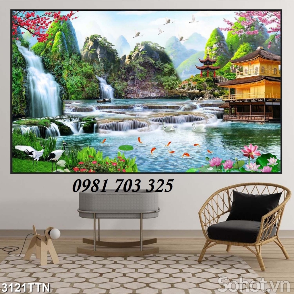 Gạch tranh đẹp thác nước trang trí 3D