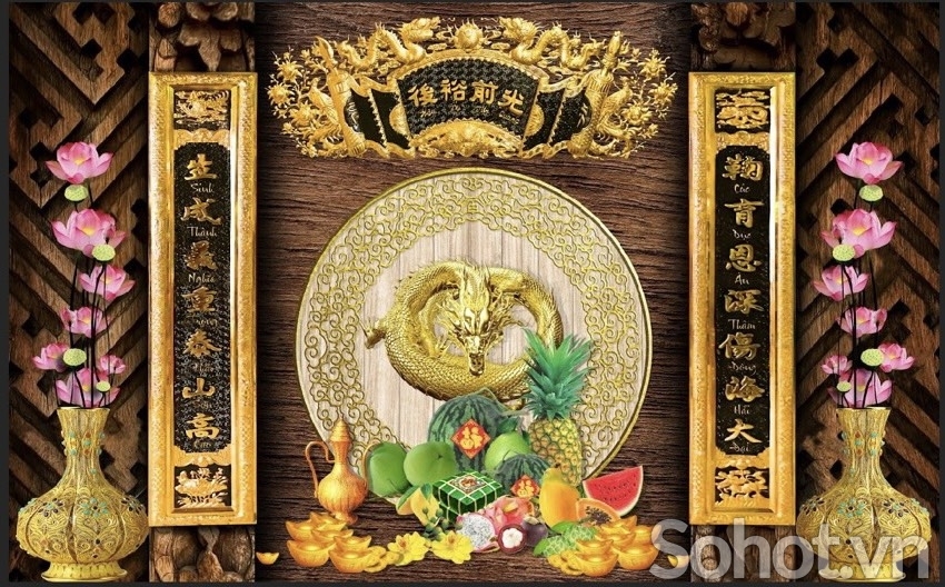 Tranh gạch men 3D - phòng thờ gia tiên