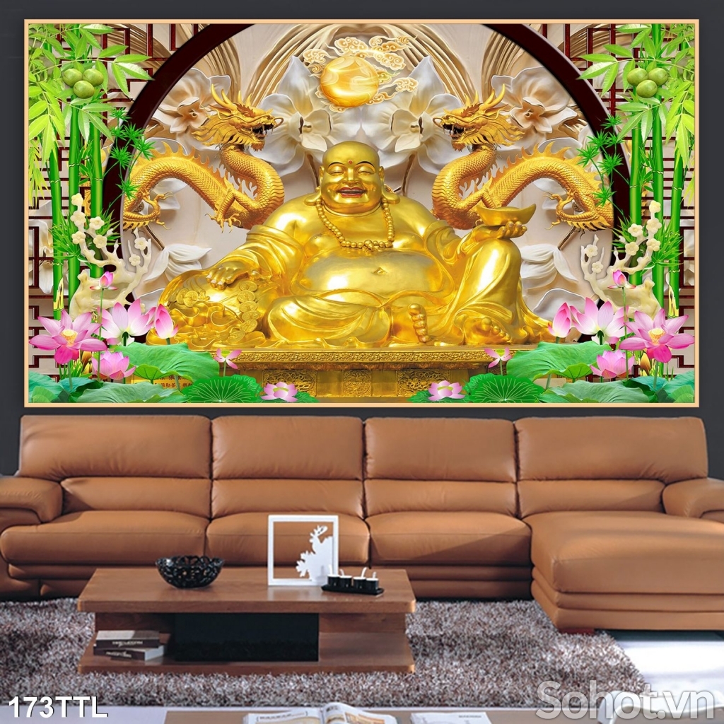Tranh Phật Di Lặc phú quý kim tiền cao cấp- Gạch tranh