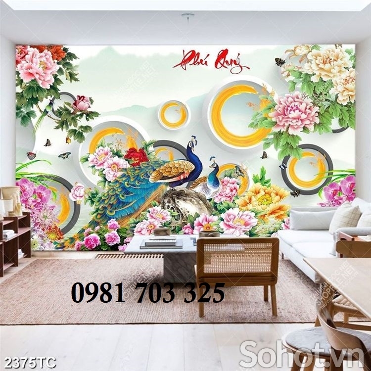 Tranh gạch men phong thủy hoa mẫu đơn,chim công