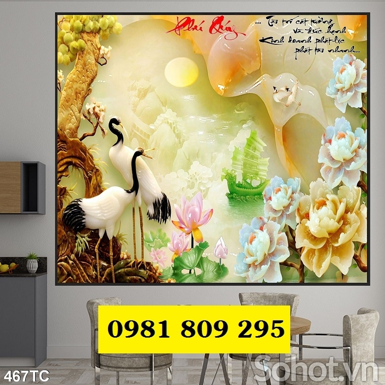 Tranh 3d chim hạc, gạch ốp tường 3d