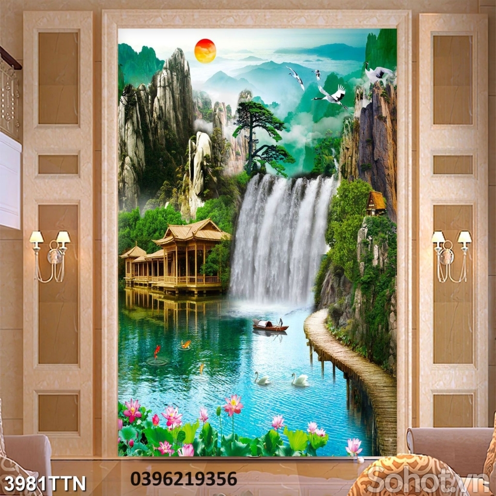 Tranh gạch 3D đẹp thác nước trang trí