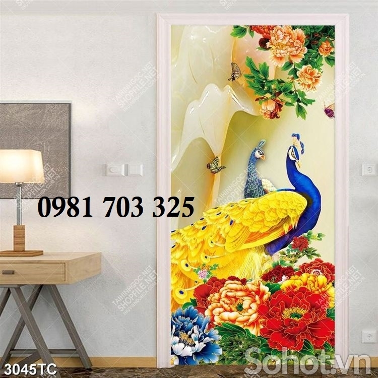 Tranh gạch men chim công ốp tường đứng