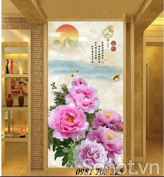 Tranh gạch khổ đứng 3D hoa trang trí