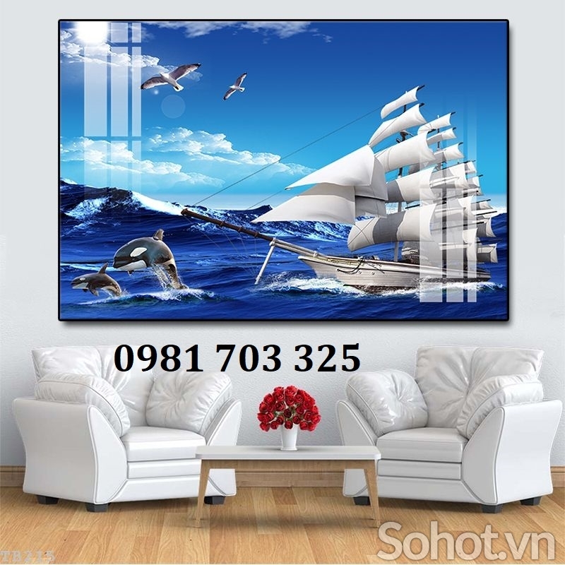 Gạch men 3D thuyền buồm dán tường phòng khách