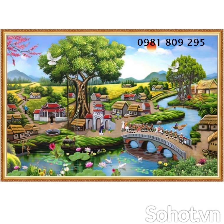 Tranh làng quê , gạch men ốp phòng khách JP6558