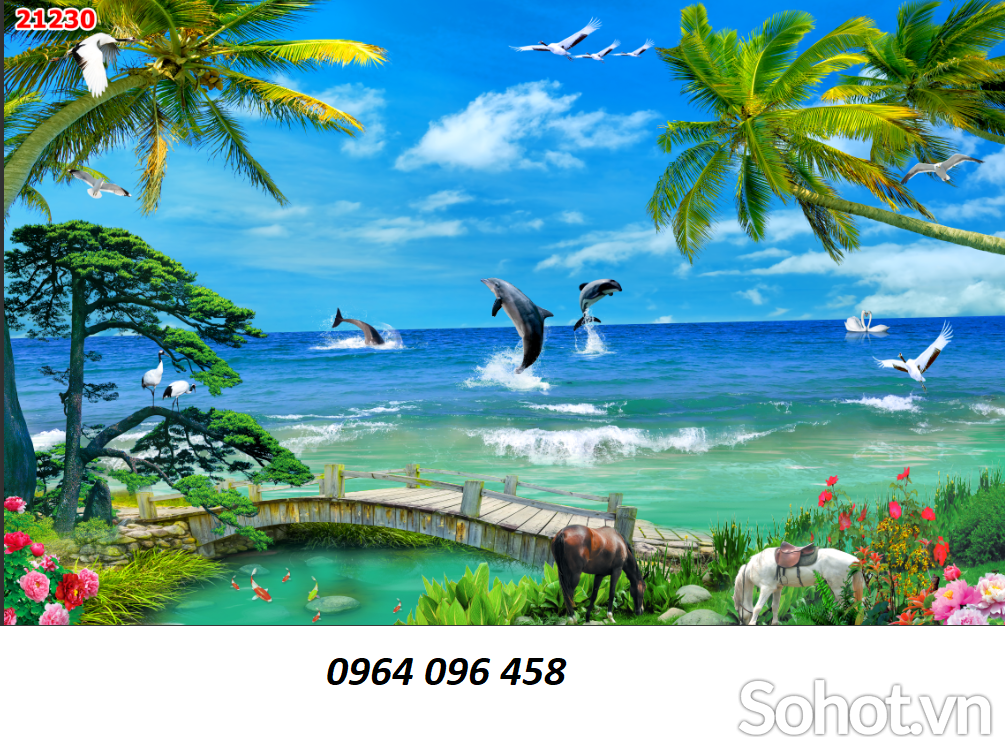 tranh gạch ốp tường 3d phong cảnh bờ biển cây dừa - 765SL