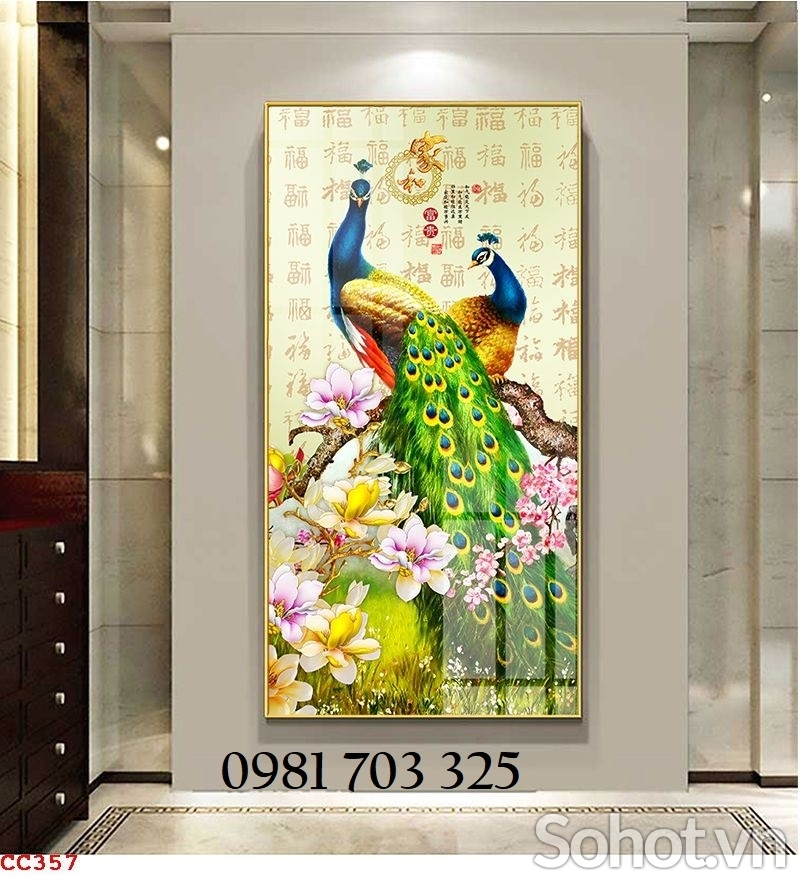 Tranh chim công khổ đứng, gạch men 3D phong thủy