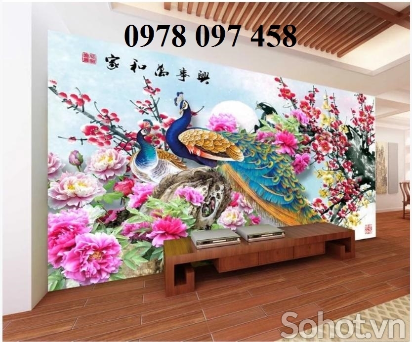 Gạch tranh 3D - chim công ốp tường