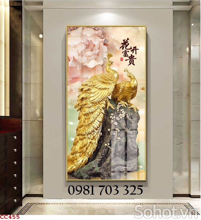 Tranh chim công khổ đứng, gạch men 3D phong thủy
