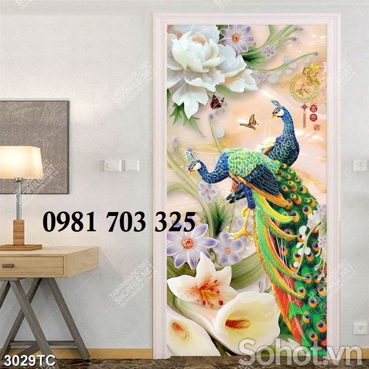 Gạch tranh 3D chim công phong thủy khổ đứng