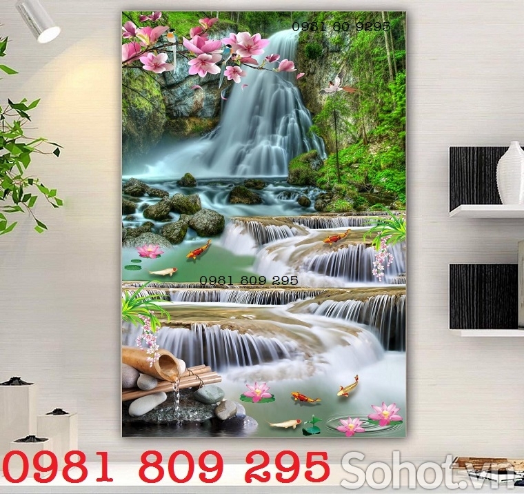 tranh gạch 3d khổ đứng - tranh thác nước