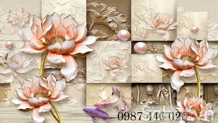 Gạch 3d tranh hoa sen, tranh trang trí, gạch ốp tường HP9274