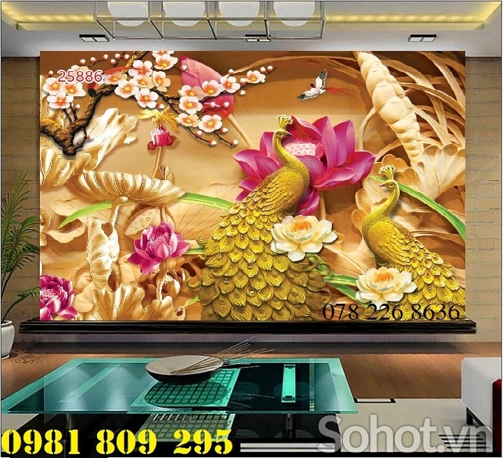 Tranh chim công - gạch tranh phòng khách