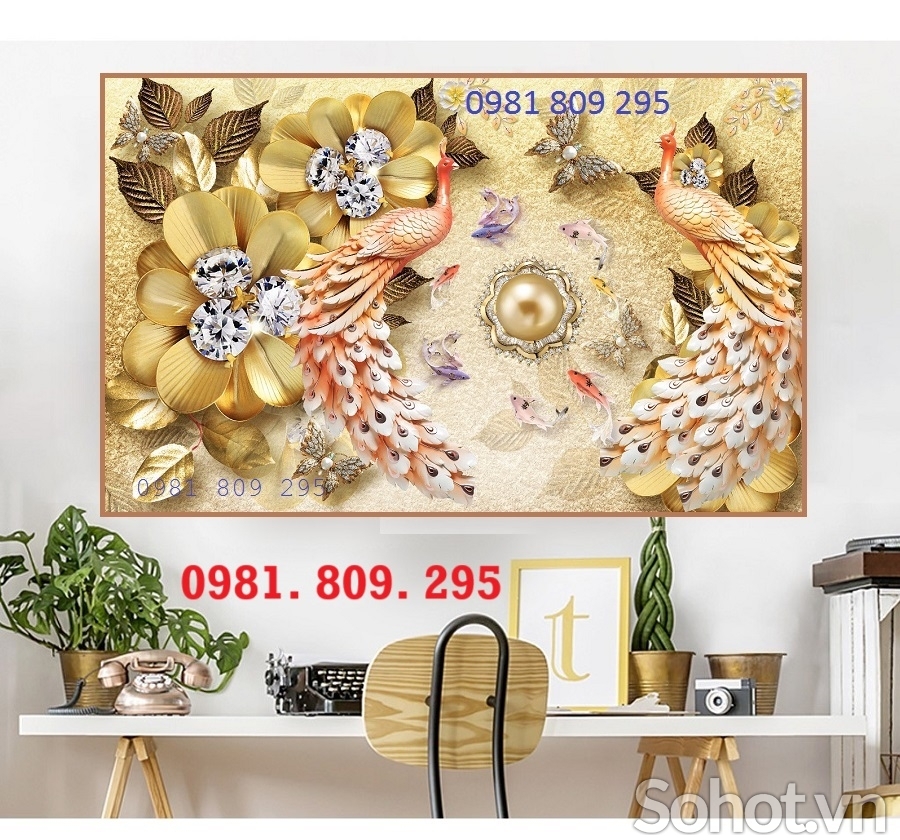 Tranh chim công , gạch men, ốp tường 3d