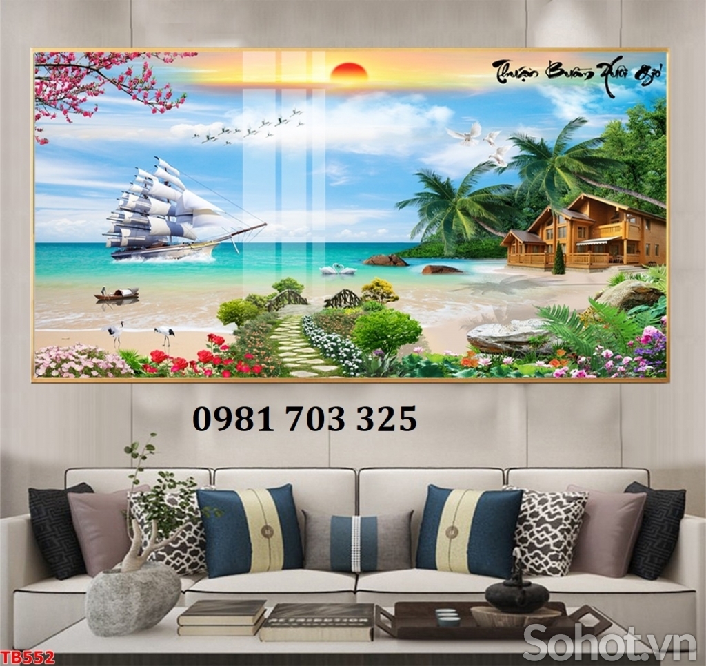 Gạch men 3D thuyền buồm dán tường phòng khách