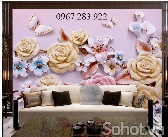 Gạch ốp tường- Tranh trang trí hoa 3d ngang