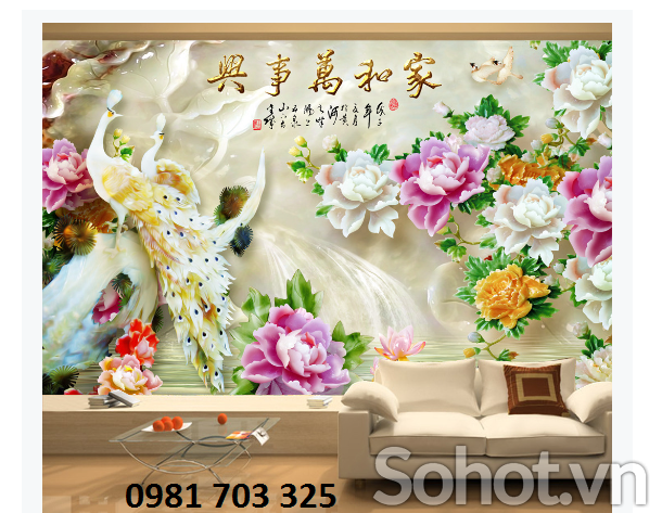 tranh 3D chim công-gạch 3D trang trí