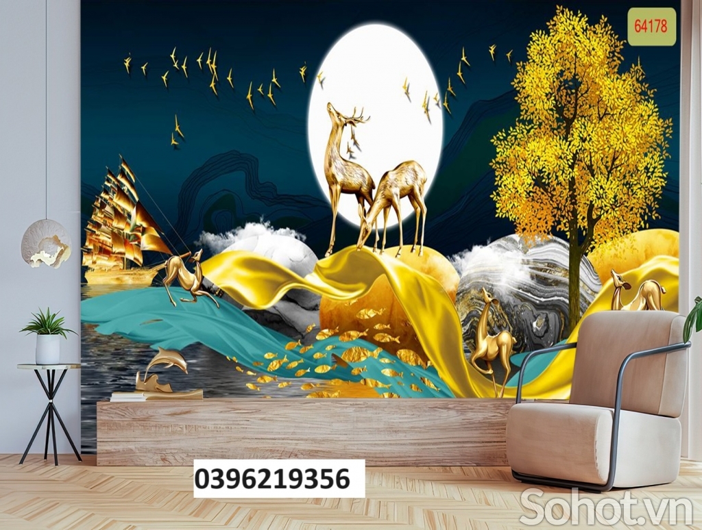 Tranh hươu tài lộc đẹp trang trí 3d