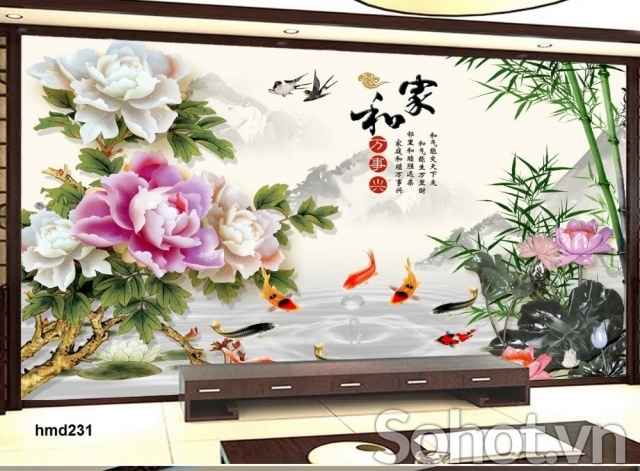 Tranh gạch phong thủy cá chép hoa mẫu đơn - 876CV