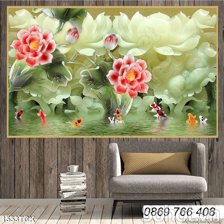 Tranh hoa sen phòng khách-Tranh 3d dán tường hoa sen