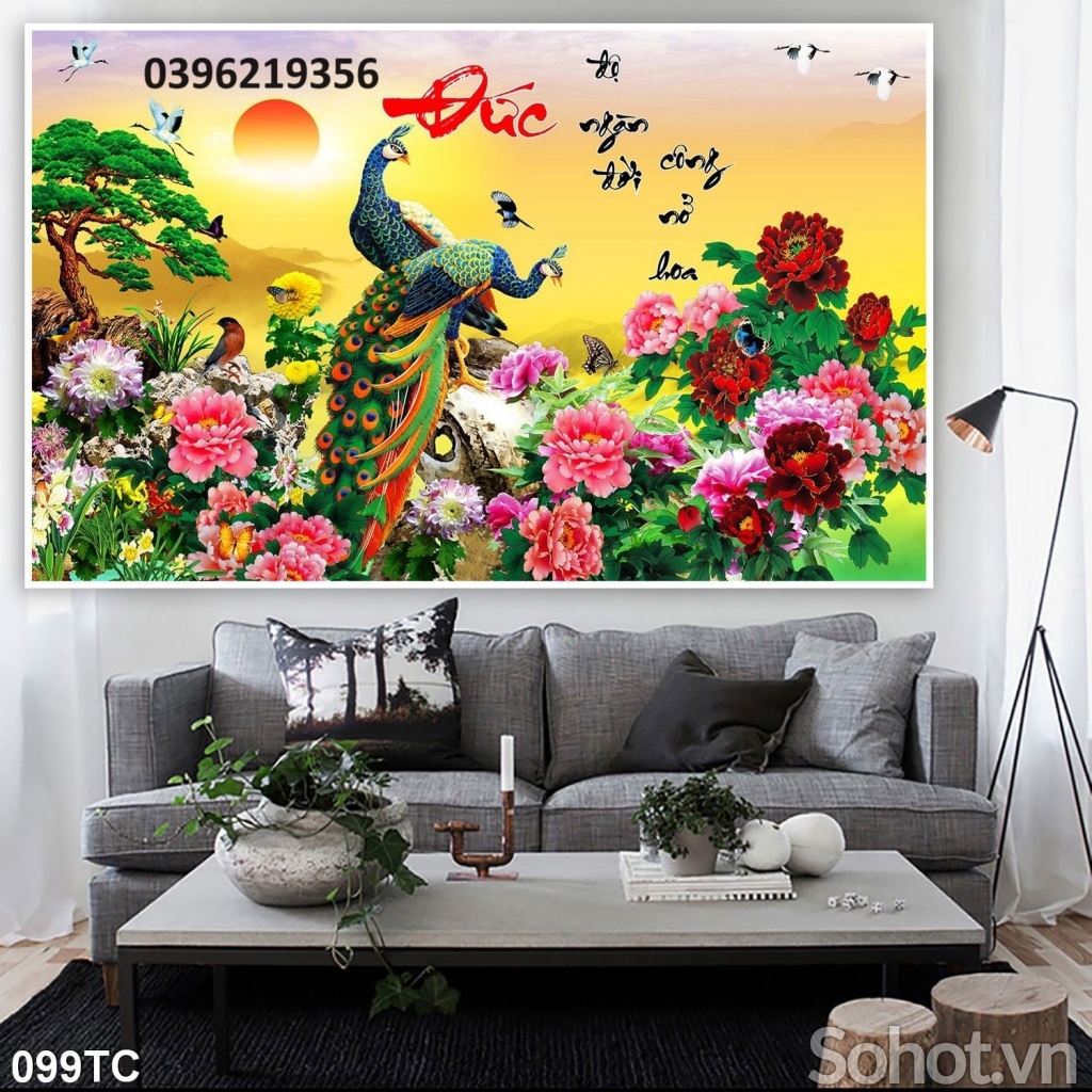 Tranh gạch chim công mẫu đơn 3D