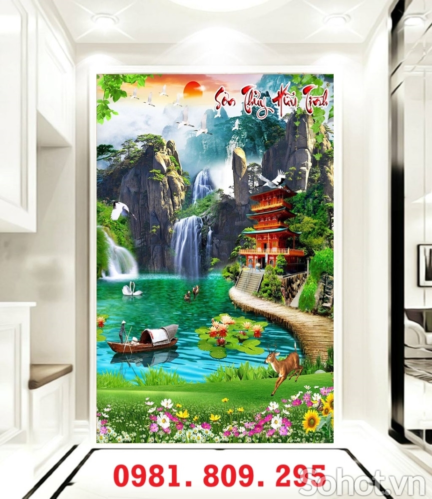 Tranh gạch chữ phúc , gạch cao cấp thác nước