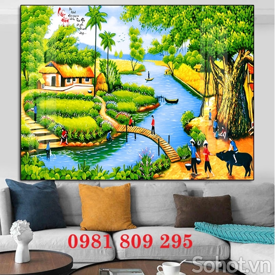 Tranh gạch men, tranh 3d ốp tường làng quê