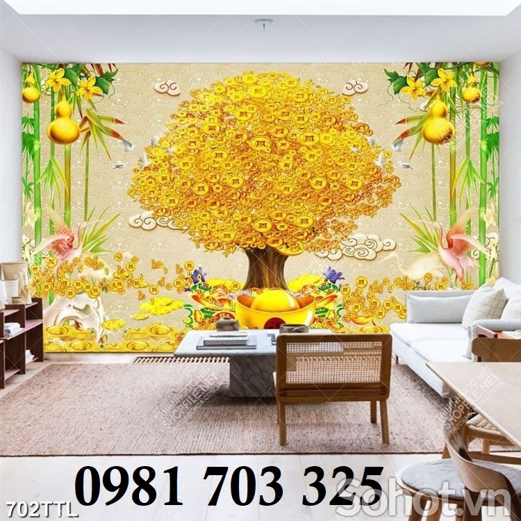 Tranh gạch 3D cây kim tiền phong thủy ốp tường