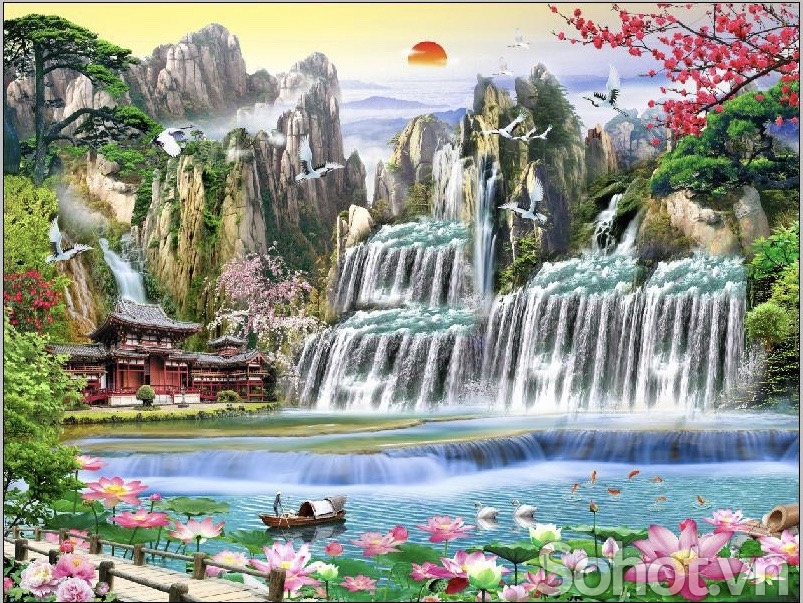 Tranh ốp tường phong cảnh đầm sen thác nước đẹp