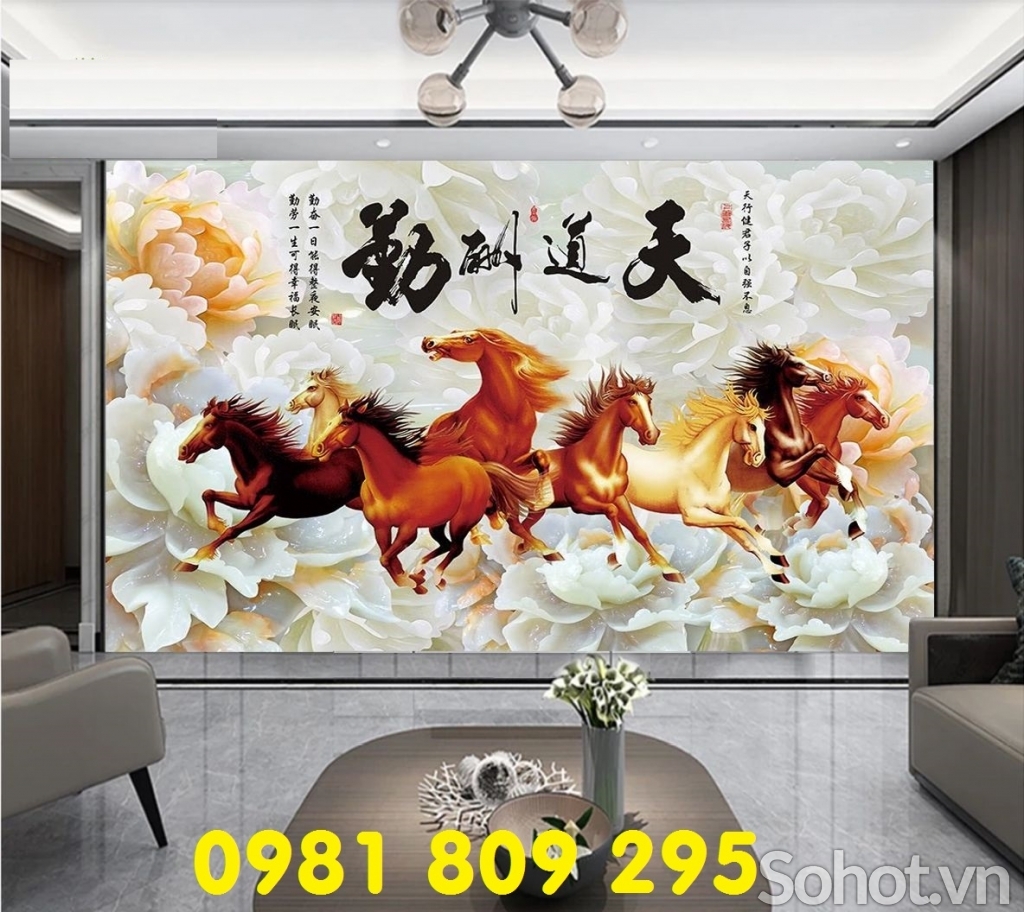 Gạch 3d bát mã - tranh gạch 3d ngựa phong thủy