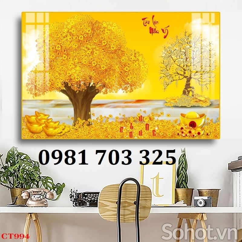 Tranh kim tiền phong thủy, gạch men 3D ốp phòng khách