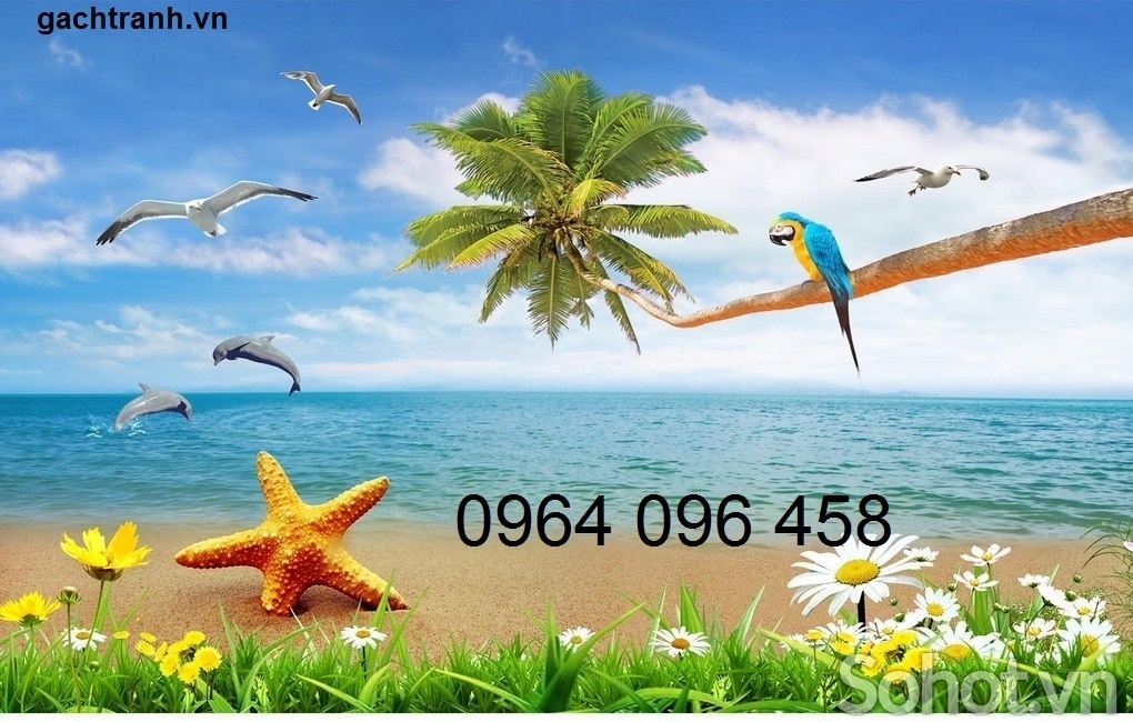 Tranh gạch 3d phong cảnh bờ biển cây dừa - KMN8