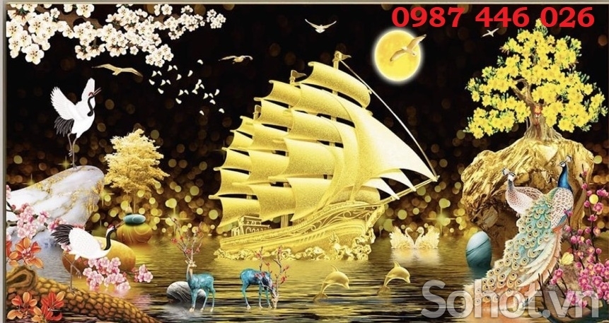 Gạch tranh thuyền buồm vàng, tranh 3d, gạch ốp tường HP9772