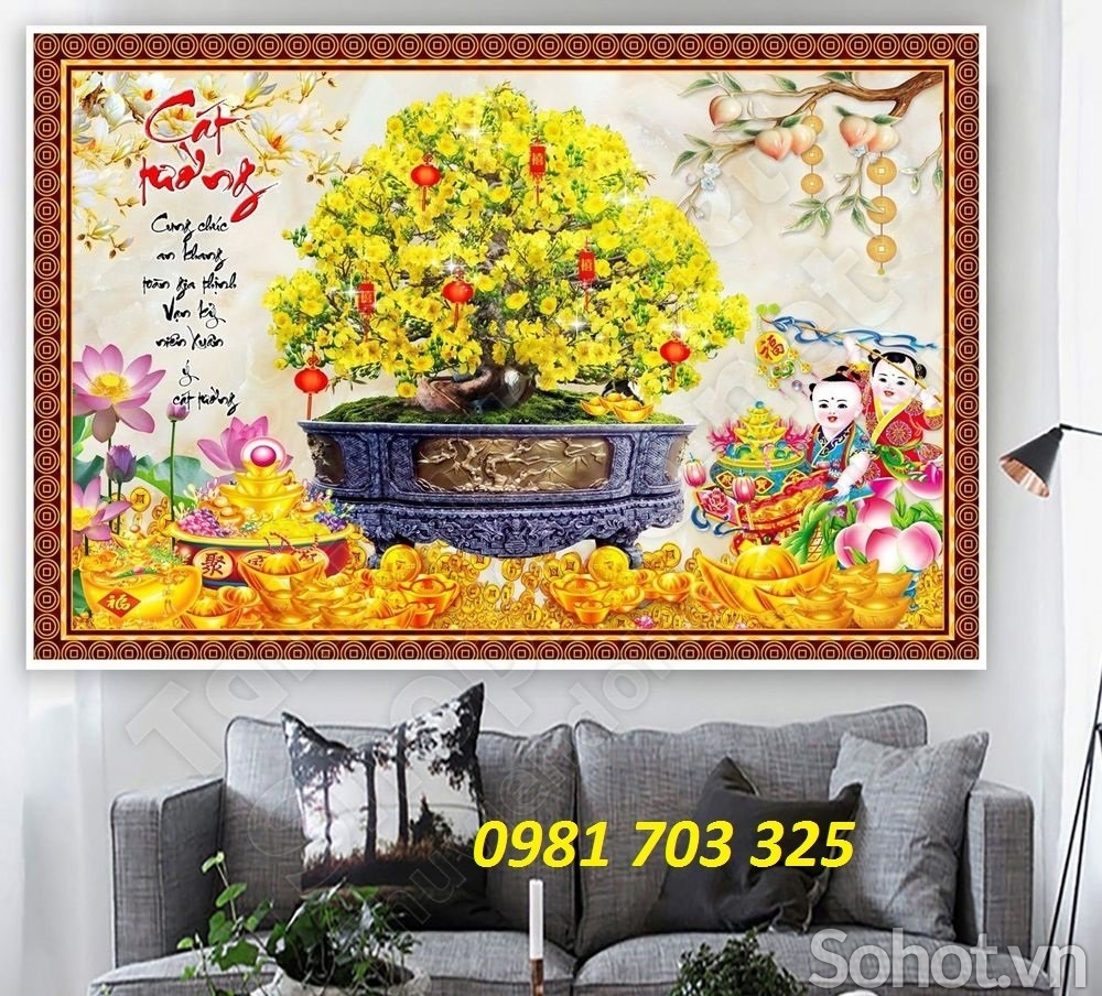 Tranh hoa mai trang trí tường, gạch men 3D