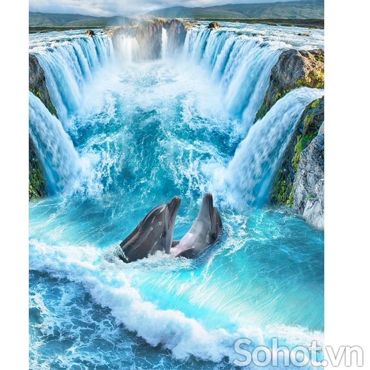 Tranh 3D trang trí phòng- tranh cá heo- gạch ốp tường