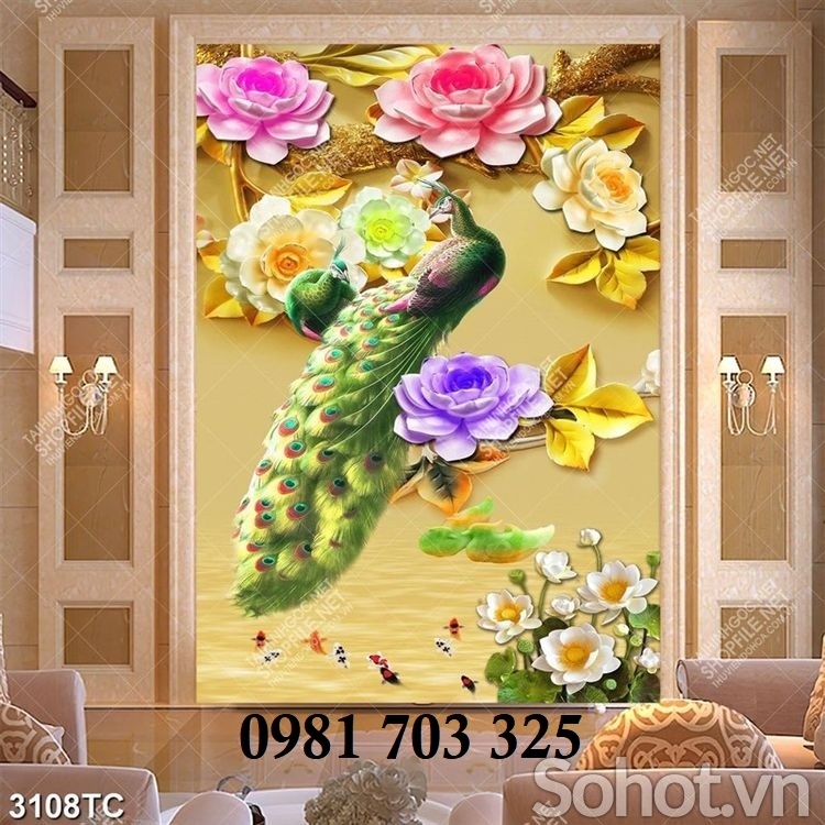 Tranh gạch khổ đứng chim công trang trí