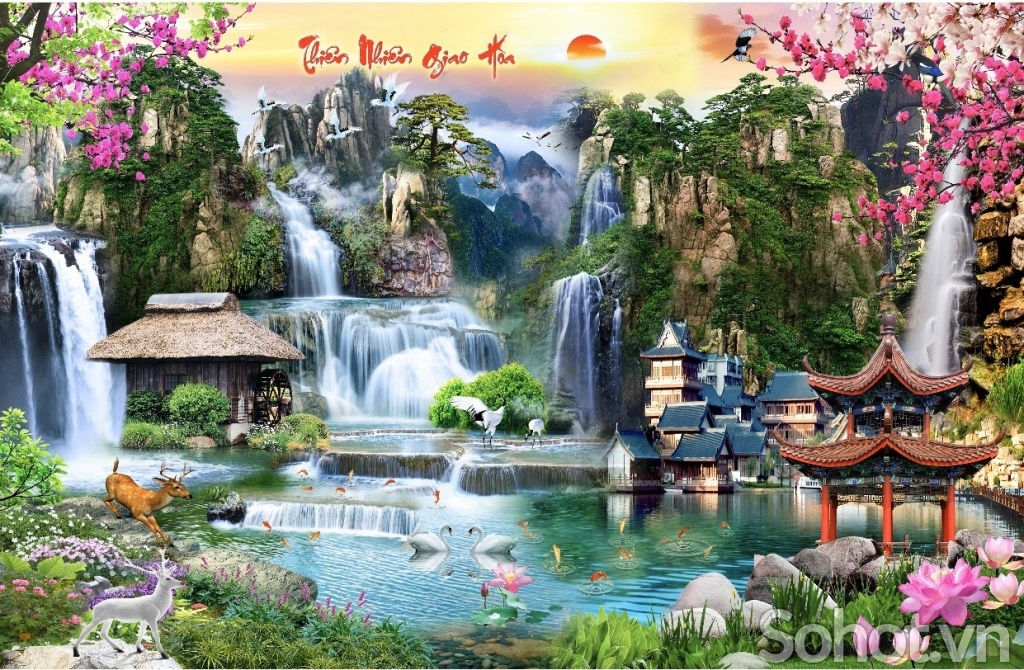 Gạch tranh thác nước, tranh 3d, gạch tranh ốp tường