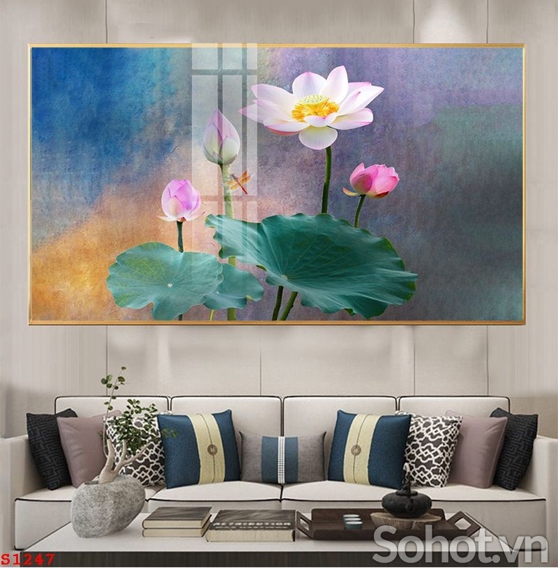 TRanh hoa sen phong thủy, gạch 3D ốp tường