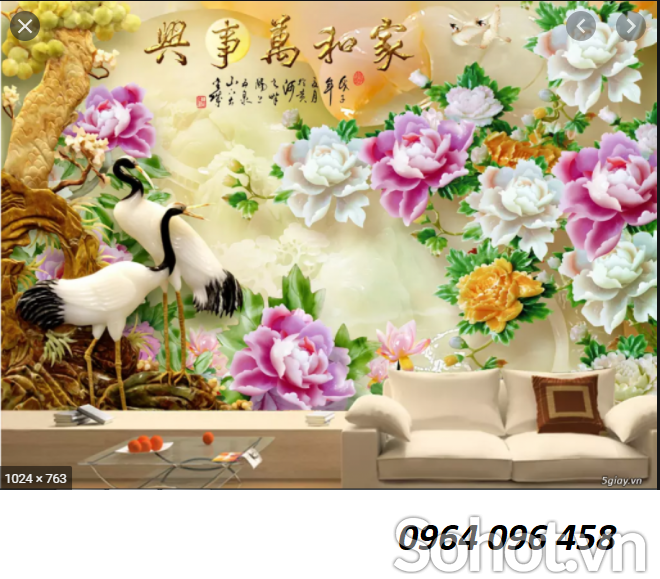 Tranh gạch 3d hoa mẫu đơn phong thủy - KDCV54