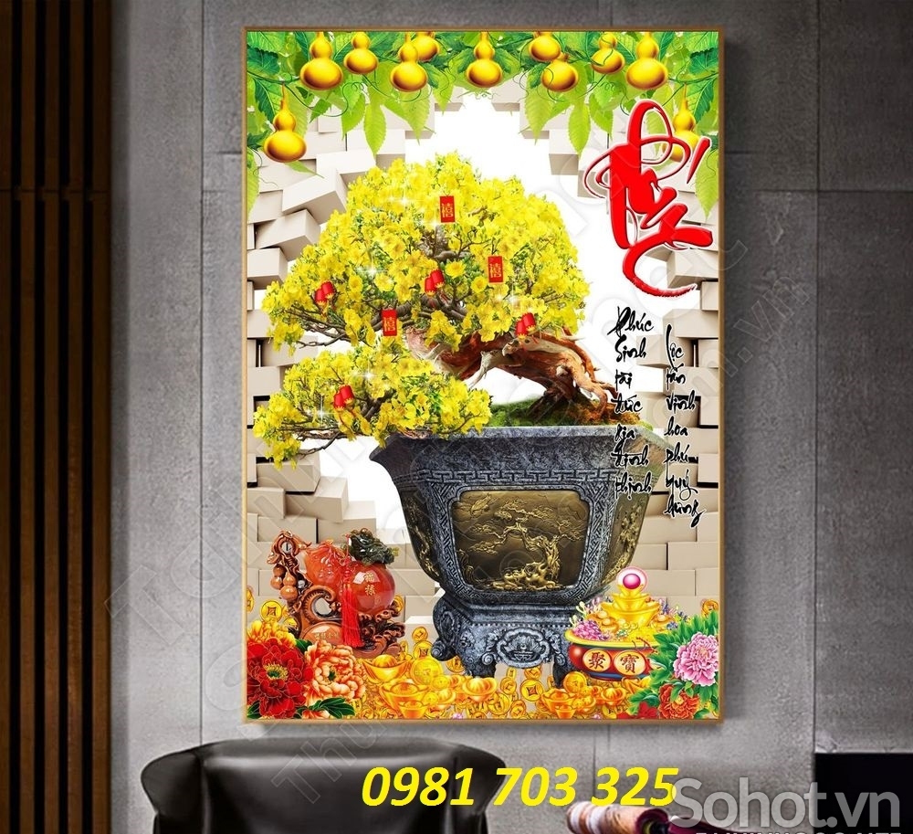 tranh 3D hoa mai vàng, tranh gạch men trang trí tường