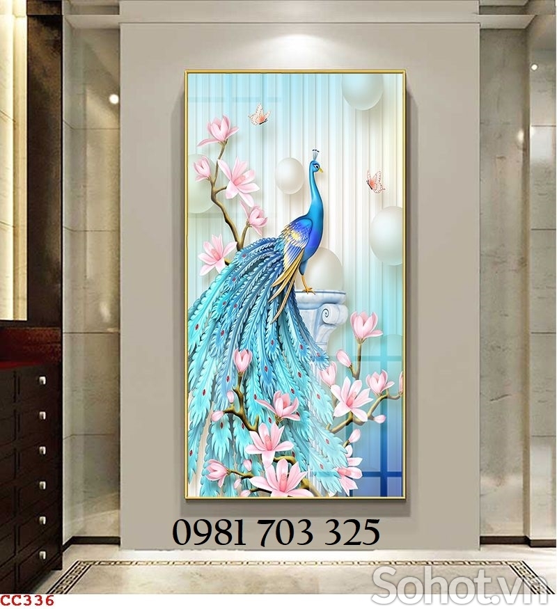 Tranh gạch phong thủy chim công 3D khổ đứng