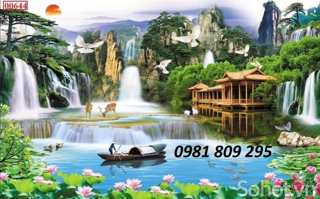 tranh gạch 3d hồ nước chim hạc