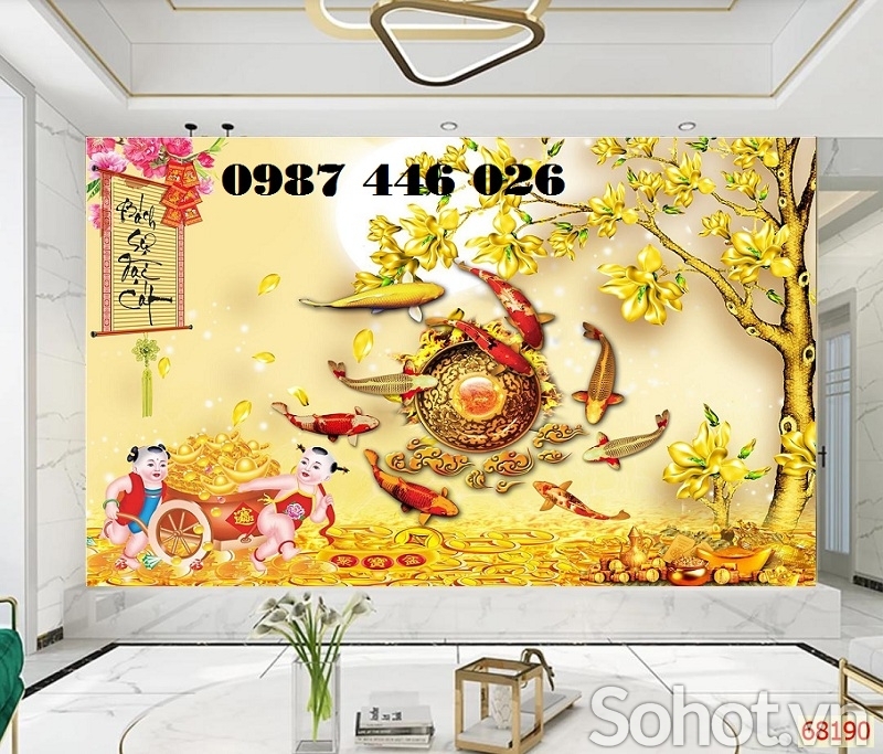 Gạch tranh cá chép vàng, tranh ốp tường 3d HP9722
