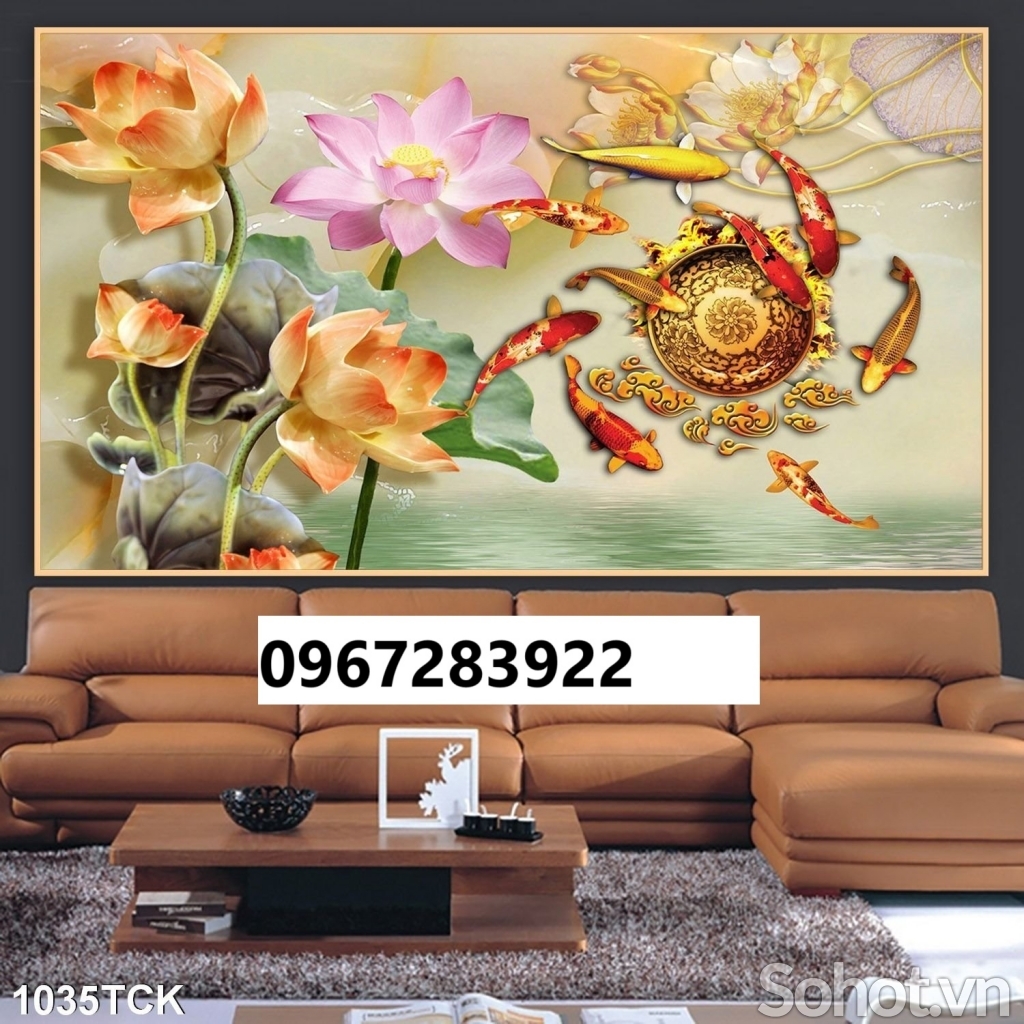 Tranh gạch đẹp 3d cá và hoa