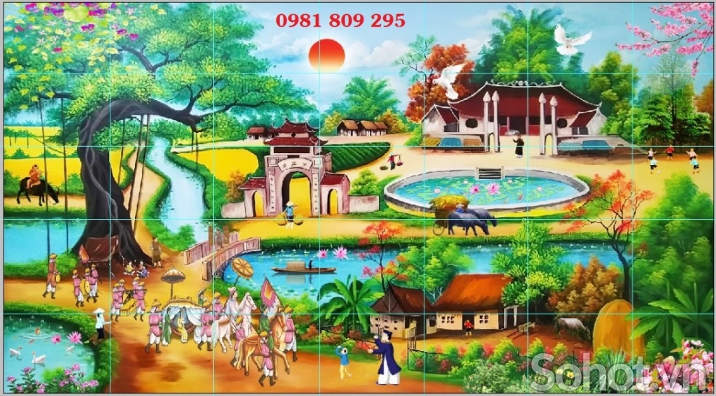 Gạch tranh 3D, tranh gạch men làng quê GP3658