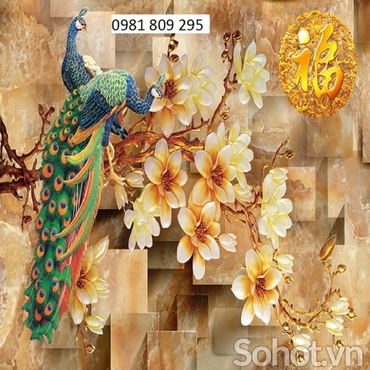 Tranh 3d- tranh dán tường chim công hoa mẫu đơn