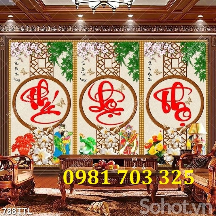 Gạch tranh thư pháp 3 tấm phúc lộc thọ