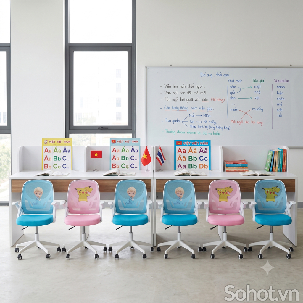 Ghế Học Sinh 1610 Khung Nhựa PP, Lưng Lưới Chống Gù Họa Tiết Hoạt Hình