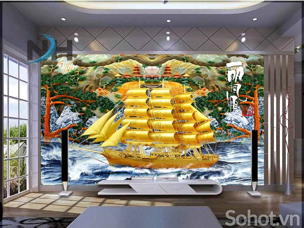 gạch tranh thuyền buồm trang trí phòng